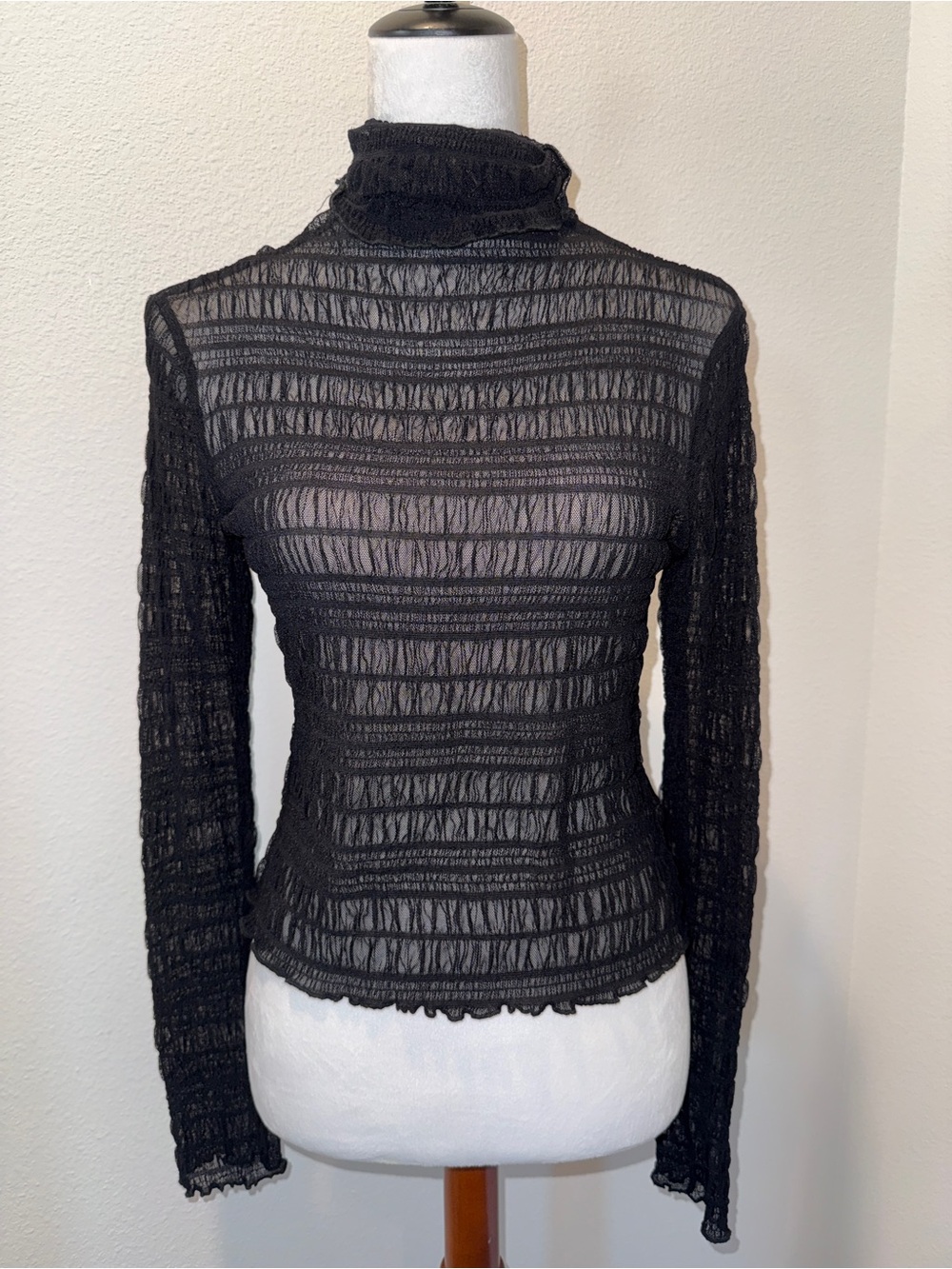Black Sheer Textured Turtleneck Long Sleeve Top